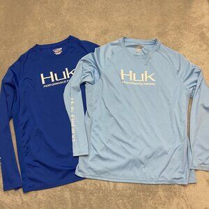 Lot of 2 Huk Performance Fishing Shirts Men XL Blue Long Sleeve UPF Sun Protect